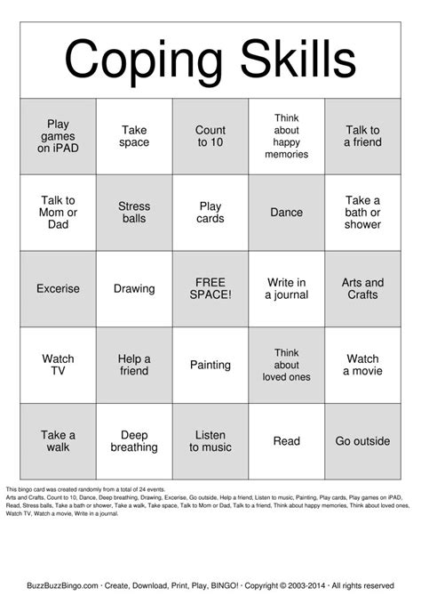 13 Best Images Of Coping Skills Worksheets Printable Bingo Cards