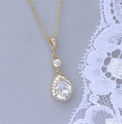 GOLD Crystal Bridal Necklace GOLD Teardrop Necklace Wedding Etsy