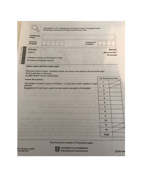 Cambridge International Primary Achievement Test Mayjune 2011 English