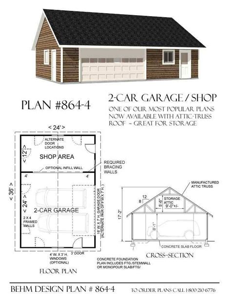 2 Car Garage With Shop And Attic Plan 864 4 36′ X 24′ By Behm Design