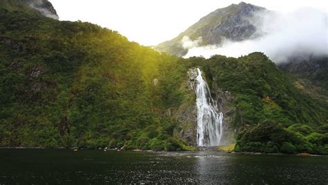 View On Lady Bowen Falls From Boat Milford Sound Fjord