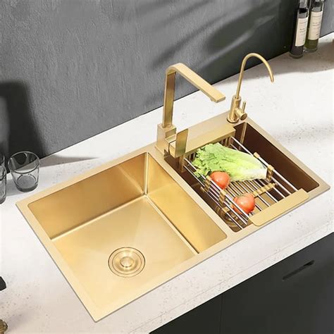 Gold Stainless Steel Kitchen Sink Double Bowls Drop In Sink With