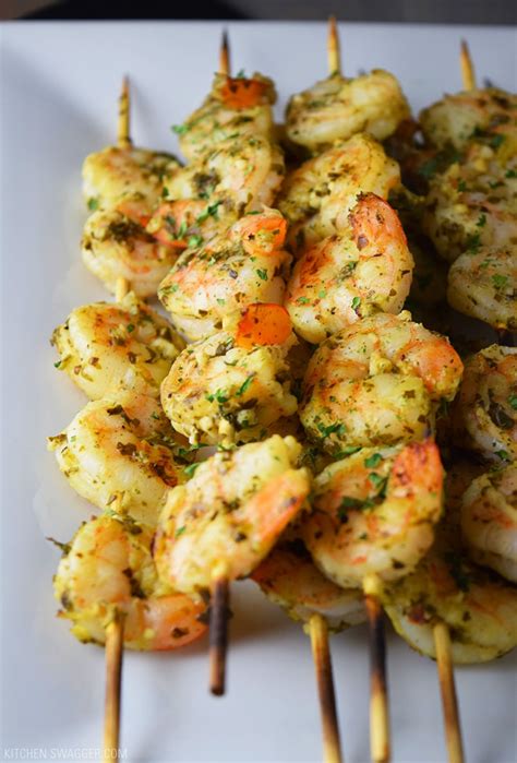 We devoured this a couple of nights ago! Grilled Pesto Shrimp Skewers Recipe | Kitchen Swagger