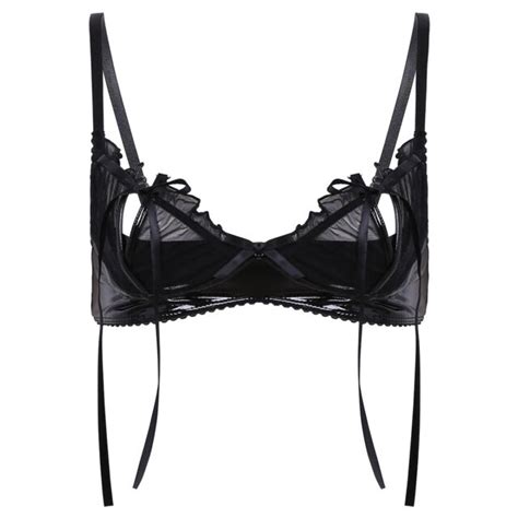 Women Wetlook Leather Open Cup Bralette Bra Split Wire Free Bustier Top