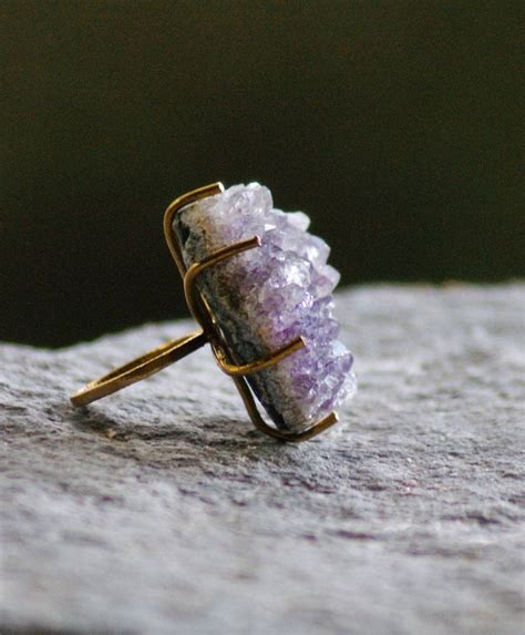 Large Druzy Amethyst Ring Hand Formed Brass Statement Jewelry Etsy