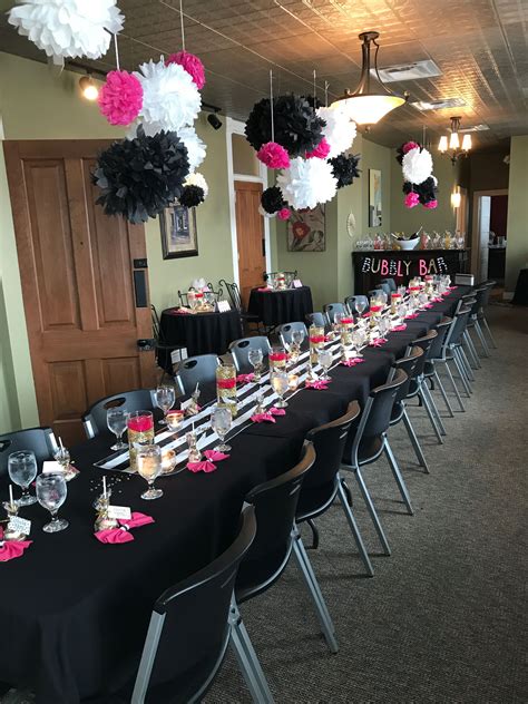 The right decor and ambience can liven up your bash and get your guests in the mood for fun. Bridal shower! Bridal shower decorations. Pink gold black ...