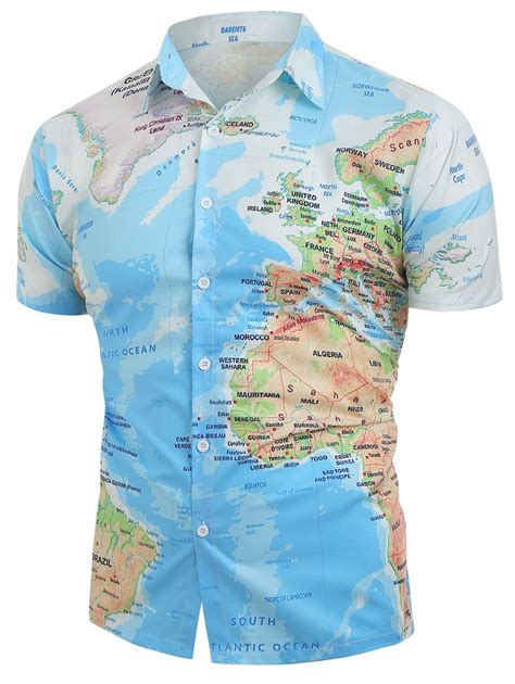 35 Off World Map Pattern Button Down Shirt Rosegal
