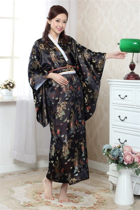 Free Shipping Black Vintage Japanese Womens Silk Satin Kimono Yukata