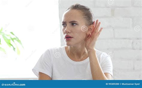 Woman Listen Carefully Hand On Ear Portrait Stock Photo Image Of
