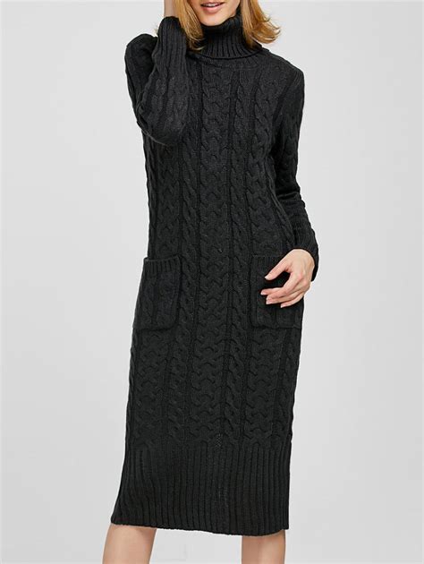 deep gray one size turtleneck maxi long sleeve cable knit sweater dress