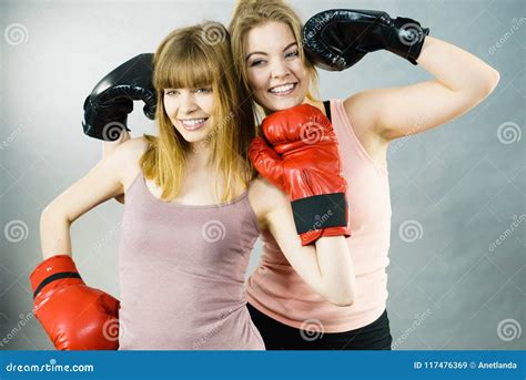 Two Women Friends Wearing Boxing Gloves Stock Image Image Of Women