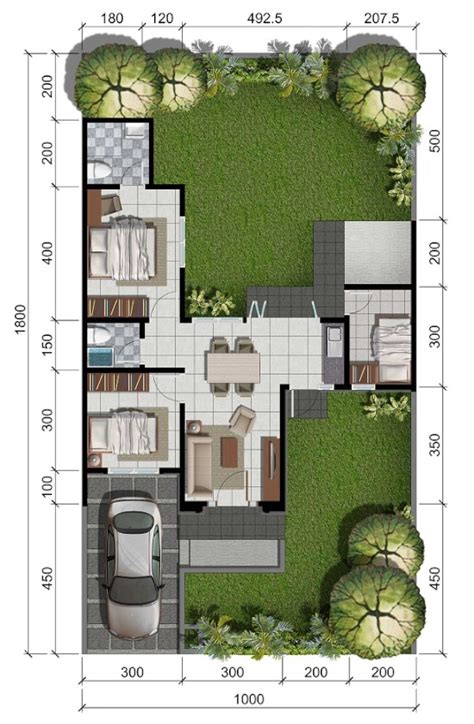 Denah rumah minimalis ukuran 10x18 meter 3 kamar tidur 1 ...