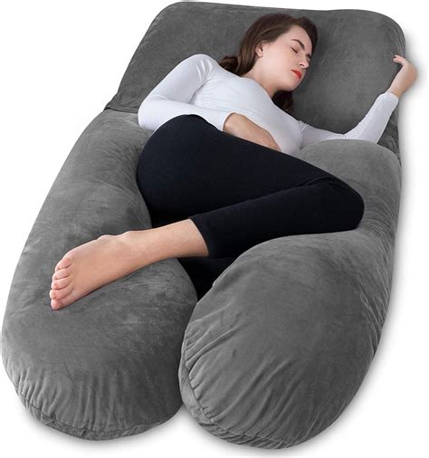55 inch Pregnancy Pillow with Velvet Cover, Adjustable Belt and Detachable Extension, U-Shape ...