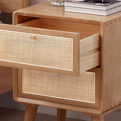 Japandi Natural Rattan Nightstand Solid Wood Bedside Table With 2