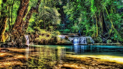 Marvelous River Falls In A Forest Hdr Hd Wallpaper 506794