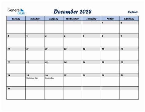 December 2028 Monthly Calendar Template With Holidays For Cyprus