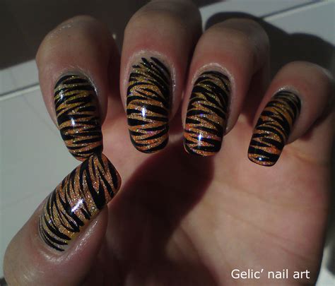 Gelic Nail Art Tiger Nail Art On Orange Neon Holo Gradient