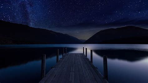 Pier Sky Reflection Water Night Sky Lake Dark Darkness Hd