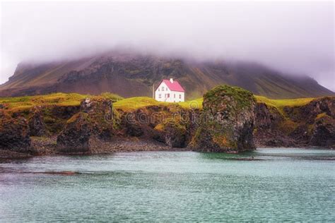 Icelandic Landscape Lonely House On The Volcanic Cliffs Seacoast