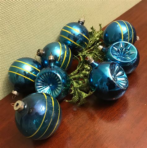 Vintage Christmas Ornament Set Turquoise Blue Glass Ball Ornaments