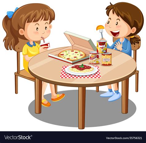 Two Cute Girl Enjoy Eating With Food On Table Vector Image