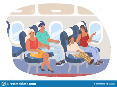Passengers Sitting Inside Aircraft Flat Vector Illustration Travel By Plane Stock Vector