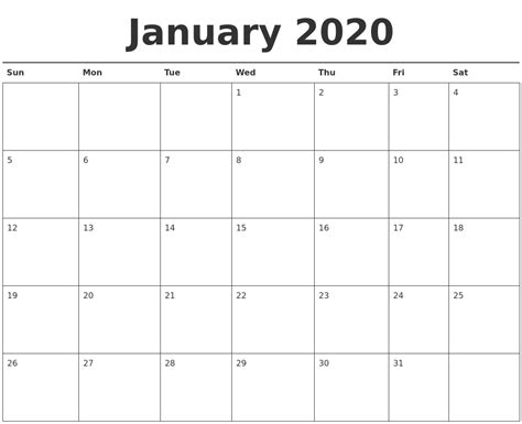 January 2020 Calendar Printable