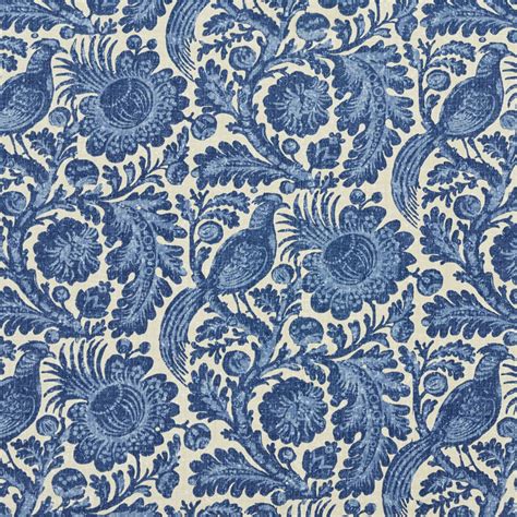 French Blue Large Foliage Bird Flower Motif Upholstery Fabric