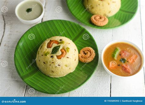 Indian Breakfast Ven Pongal With Sambar Tamil Nadu Stock Image Image Of Coconut Chutney