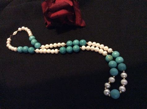 14k Solid Gold Turquoise And Pearls Necklace 25