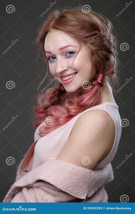 Close Up Portrait Of Girl With Pink Hair In Braids And Pink Blue