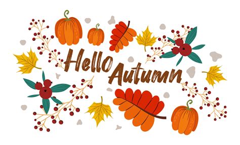 Hello Autumn With Maple Leaves Pumpkins Cranberries Decorated With