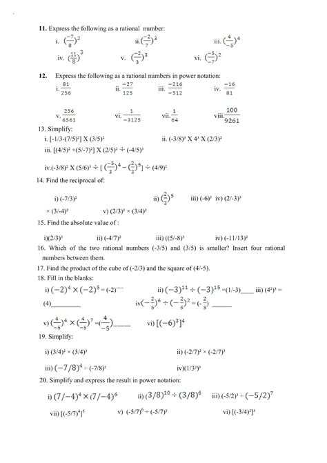 Worksheet On Exponents And Powers Class 8