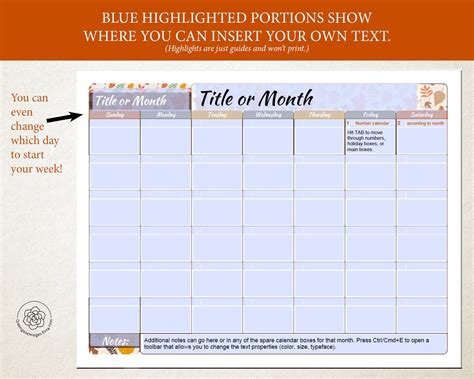 Editable Calendar Templates Blank Calendar Pages Fall Etsy