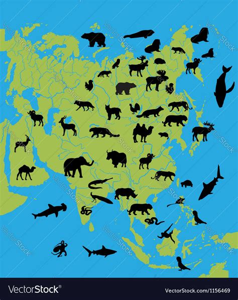 Animals On The Map Of Asia Royalty Free Vector Image