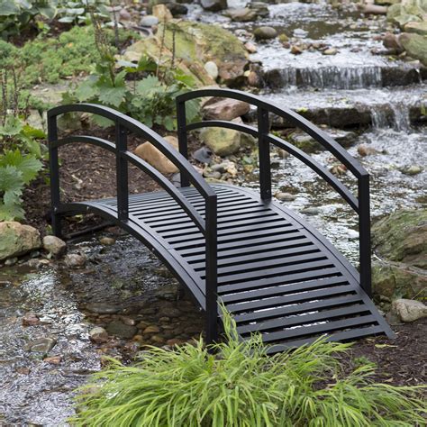 modern 8 ft metal garden bridge with arched rails in black powder coat