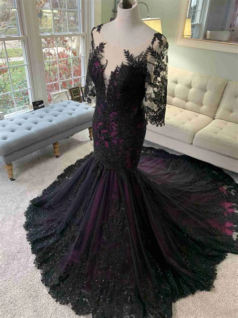 Custom Black And Purple Wedding Dress With Illusion Sleeves