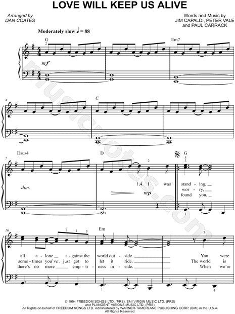 The Eagles Love Will Keep Us Alive Sheet Music Easy Piano In G