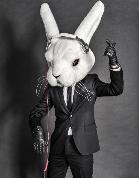 Dj Man Inside White Rabbit Head Mask And Headphones Animal Masks