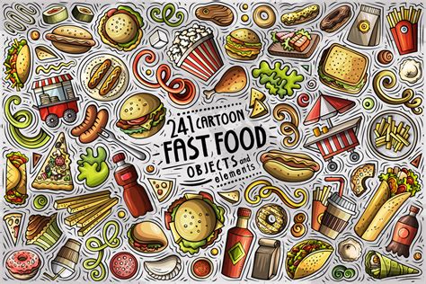Fast Food Cartoon Vector Objects Set On Yellow Images Creative Store