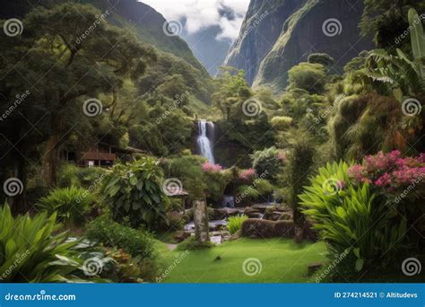Lush Garden Surrounded By Towering Mountains With Waterfalls And