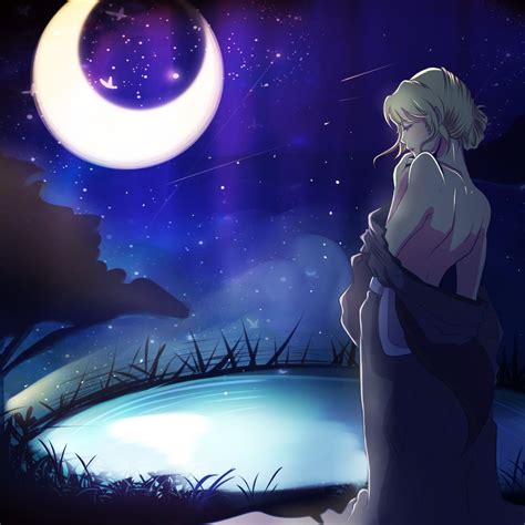 Square Fabric Poster Frame Available Shiori Anime Girl At Moon Night Stars Sky Tse For Wall