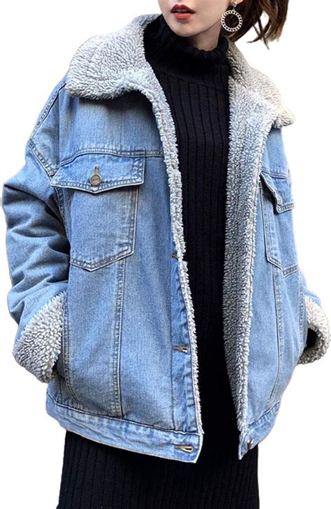 Ebossy Womens Sherpa Collar Oversized Quilted Lined Button Up Denim