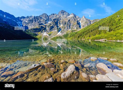 View Of Beautiful Green Water Morskie Oko Lake Tatra Mountains Poland