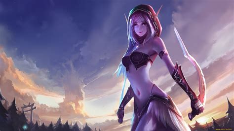 Fantasy Girl Belly Pointy Ears Purple Hair Warcraft Night Elves