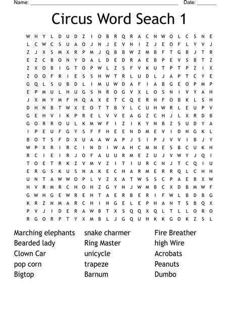 Circus Word Seach 1 Word Search Wordmint