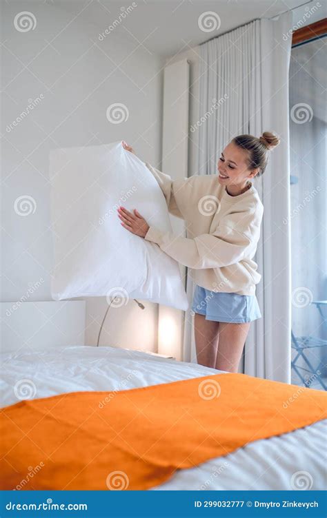 Girl In White Making Bed In The Morning Stock Image Image Of Indoors Pillow 299032777