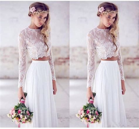 elegant two pieces 2016 wedding dresses long sleeve lace chiffon sheer illusion boho bohemian