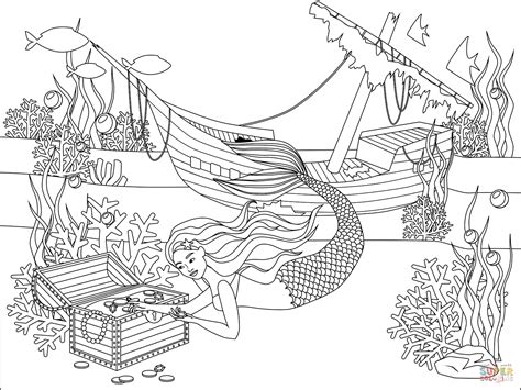 Mermaid Wrecked Ship Underwater Treasure coloring page | Free Printable