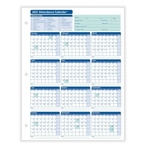 Employee Attendance Calendar 2020 Printable Free